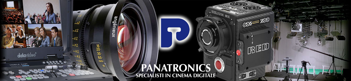 logo panatronics, regie datavideo, obiettivi Angenieux, cinecamere Red e sala posa